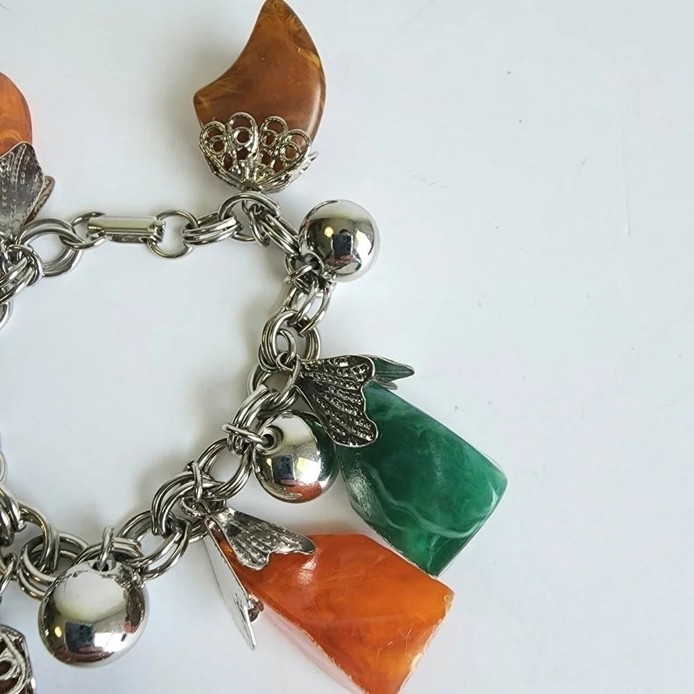 Vintage Charm Bracelet 60s Chunky Lucite Resin Beads Silver‎ Green Orange Brown